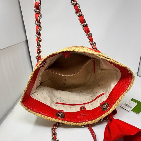 KATE SPADE Women’s Beige Red POINT BREEZE Coal Straw Tote Bag Large Bow 12” X 8” - Picture 5 of 13